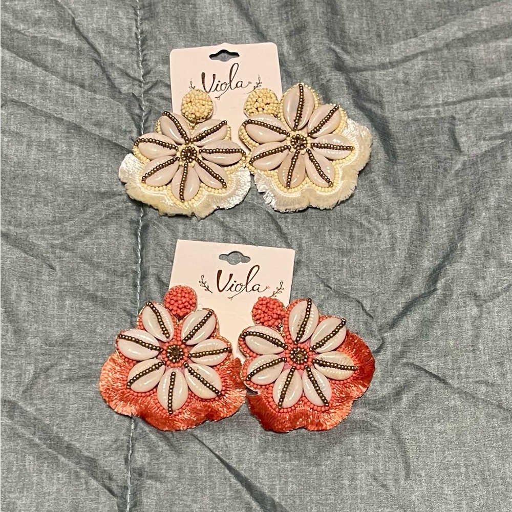 Tropical Flower Earrings, one Coral and one Cream